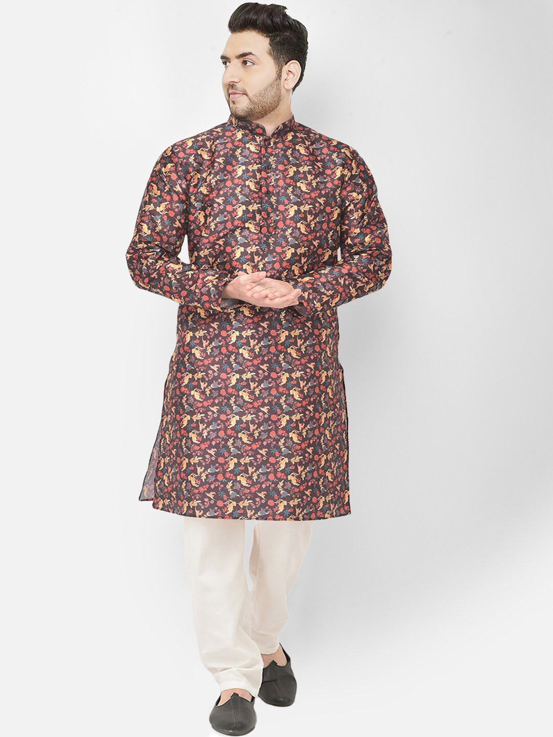 

SG LEMAN Plus Plus Plus Size Floral Printed Mandarin Collar Straight Kurta With Churidar, Brown