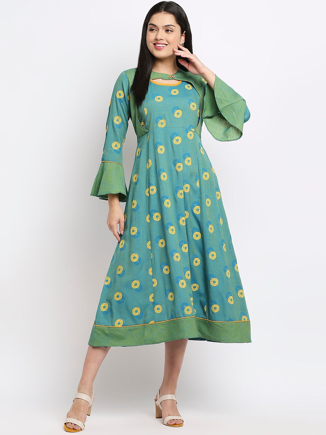 

True Shape Geometric Printed Bell Sleeves Cotton Maternity A-Line Dress, Blue