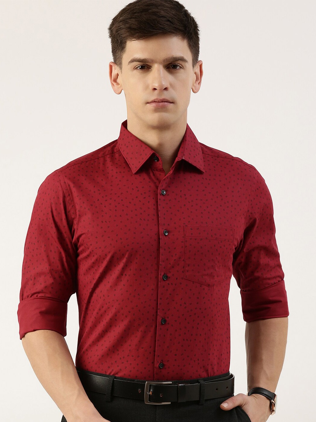 

IVOC Standard Slim Fit Micro Ditsy Printed Pure Cotton Formal Shirt, Red