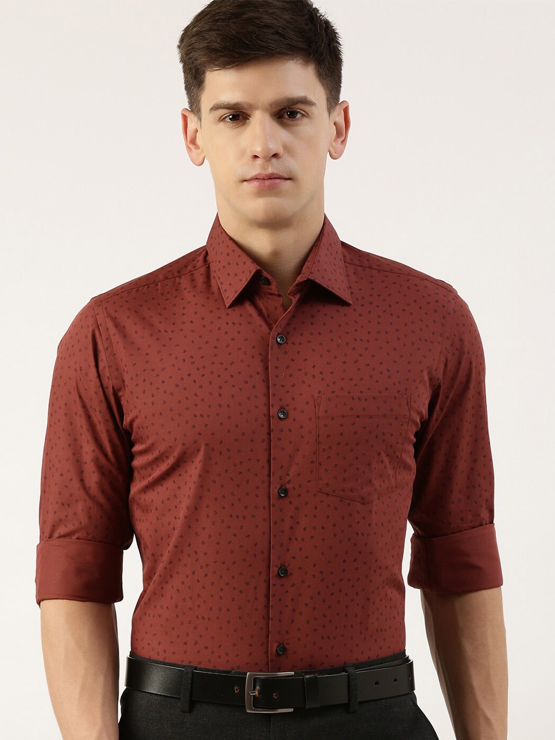 

IVOC Standard Slim Fit Micro Ditsy Printed Pure Cotton Formal Shirt, Brown