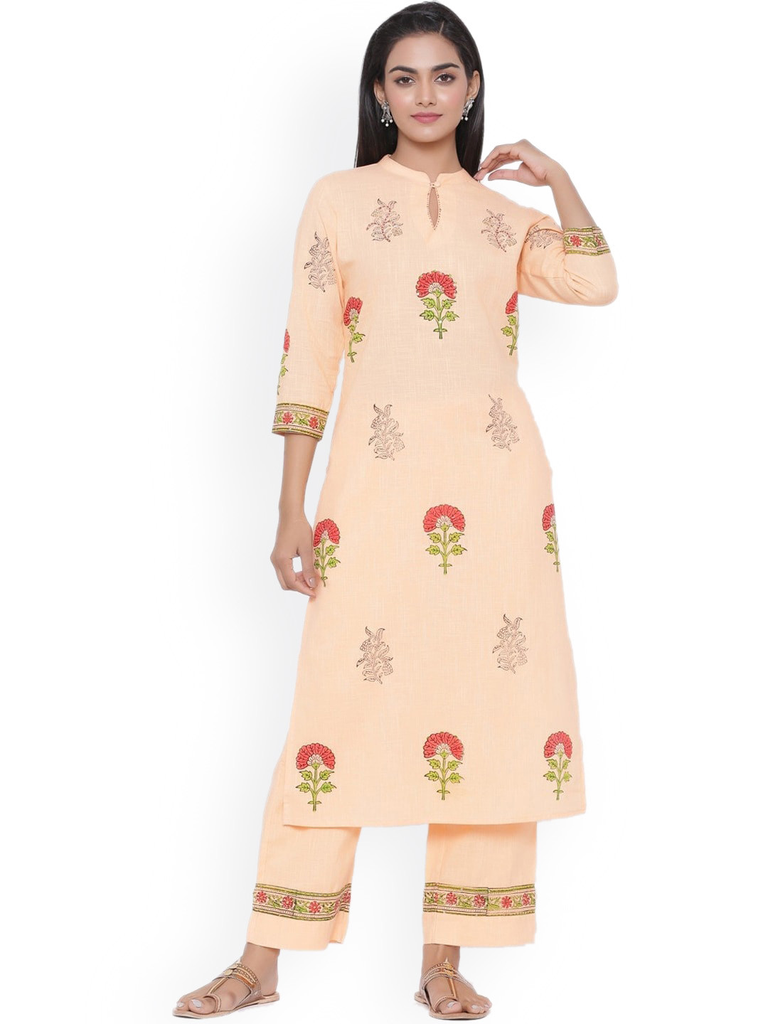 

SUTI Floral Printed Mandarin Collar Pure Cotton Kurta with Trousers, Peach