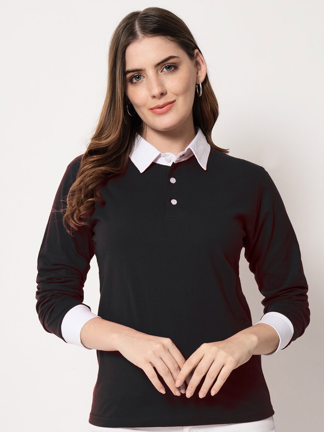 

Viral trend Polo Collar Long Sleeves Cotton T-shirt, Black