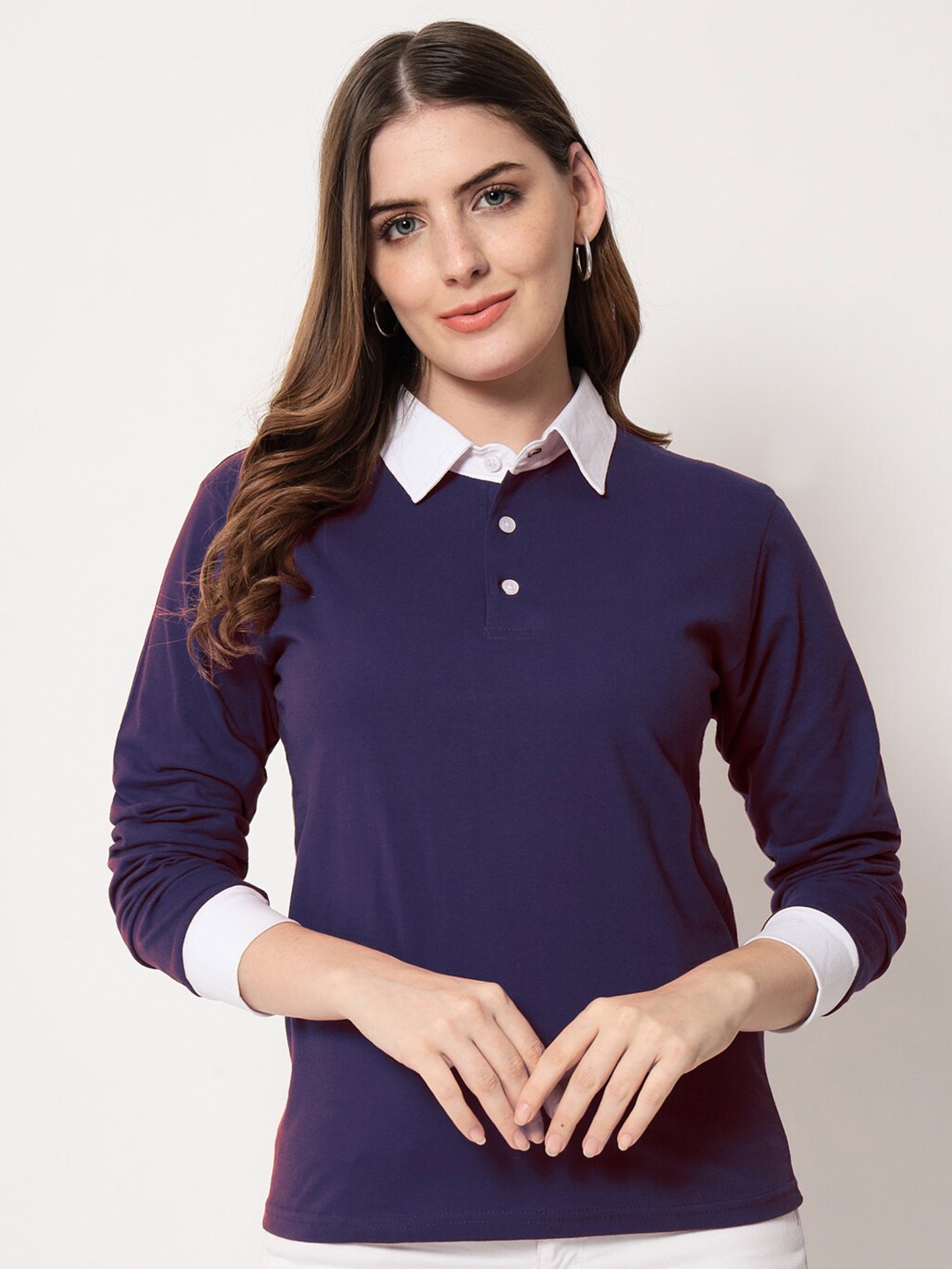 

Viral trend Polo Collar Long Sleeves Cotton T-shirt, Blue