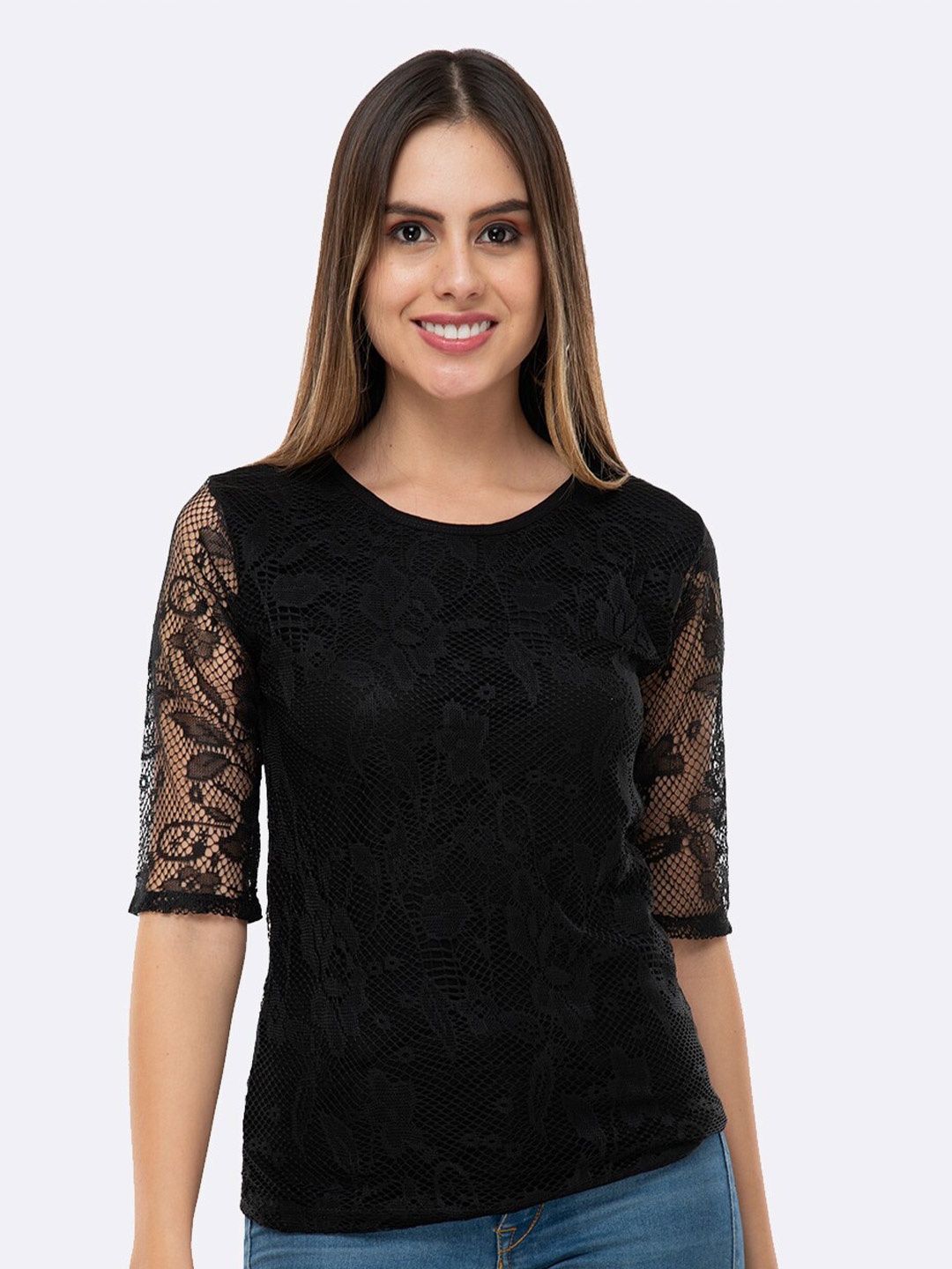 

Viral trend Floral Self Design Top, Black