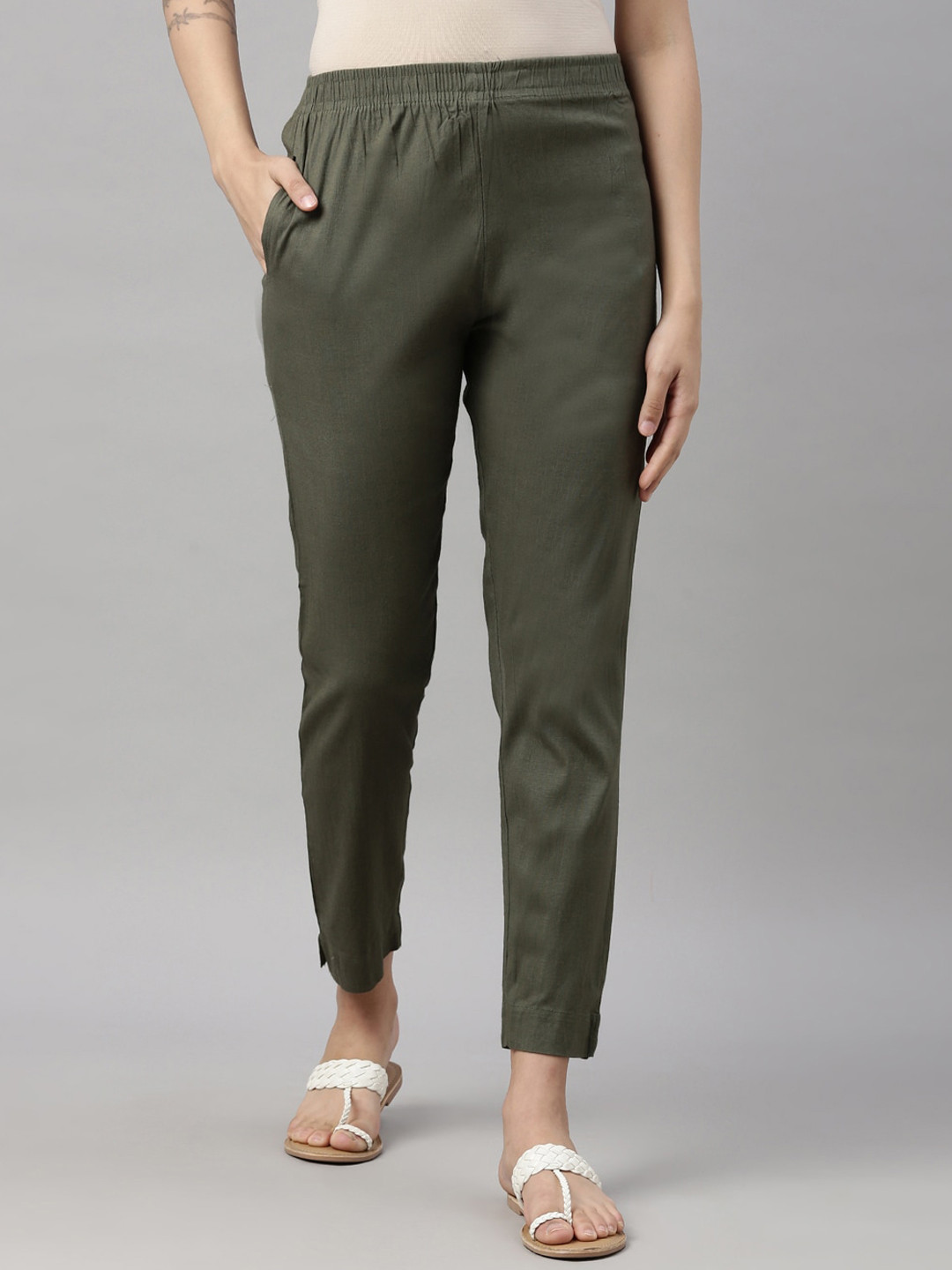 

GOLDSTROMS Women Mid Rise Trousers, Olive