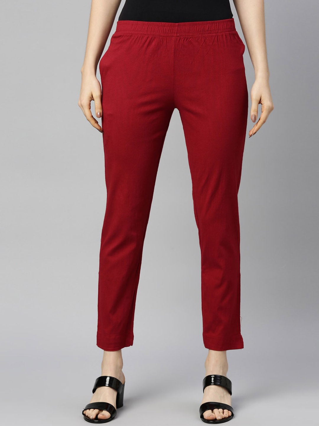 

GOLDSTROMS Mid Rise Cropped Cotton Trousers, Maroon