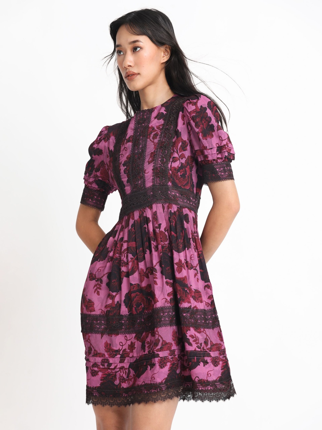 

RAREISM Floral Printed Puff Sleeve Laced Detailed Fit & Flare Dress, Maroon