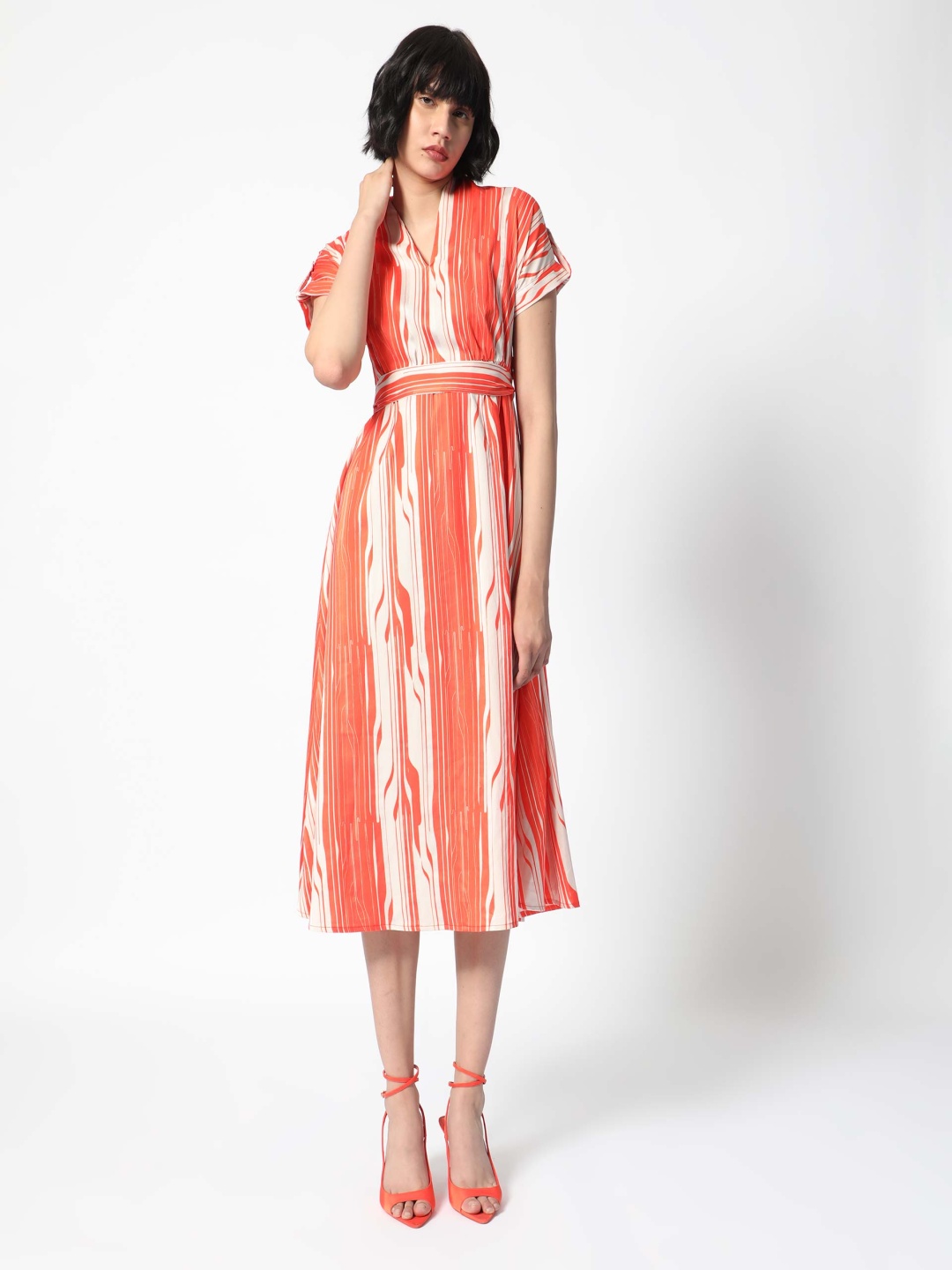 

RAREISM Striped Extended Sleeves Belted Detailed A-Line Midi Dress, Orange