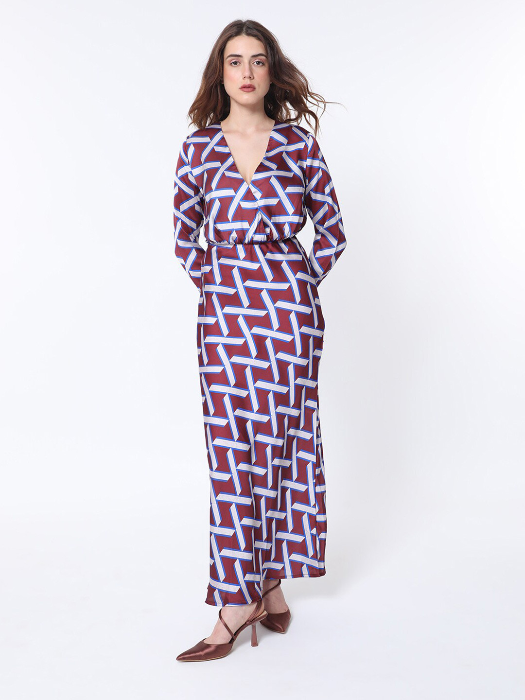 

RAREISM Geo Print Overlap Front Maxi Dress, Brown