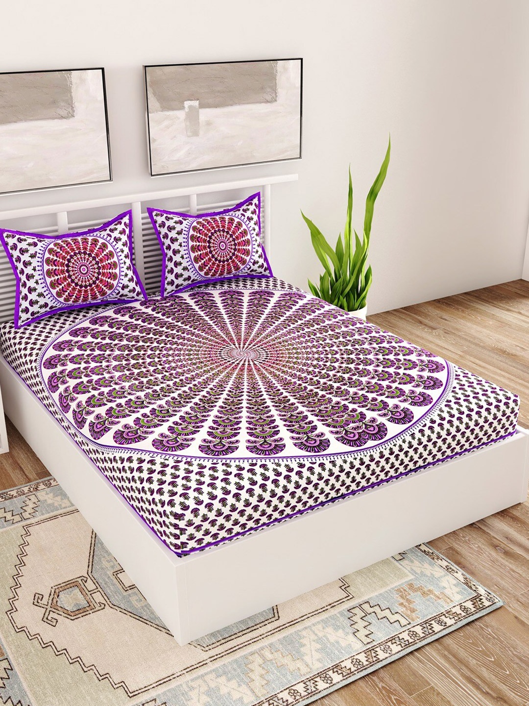 

UNIQCHOICE Purple Ethnic Motifs Pure Cotton 120 TC Queen Bedsheet With 2 Pillow Covers