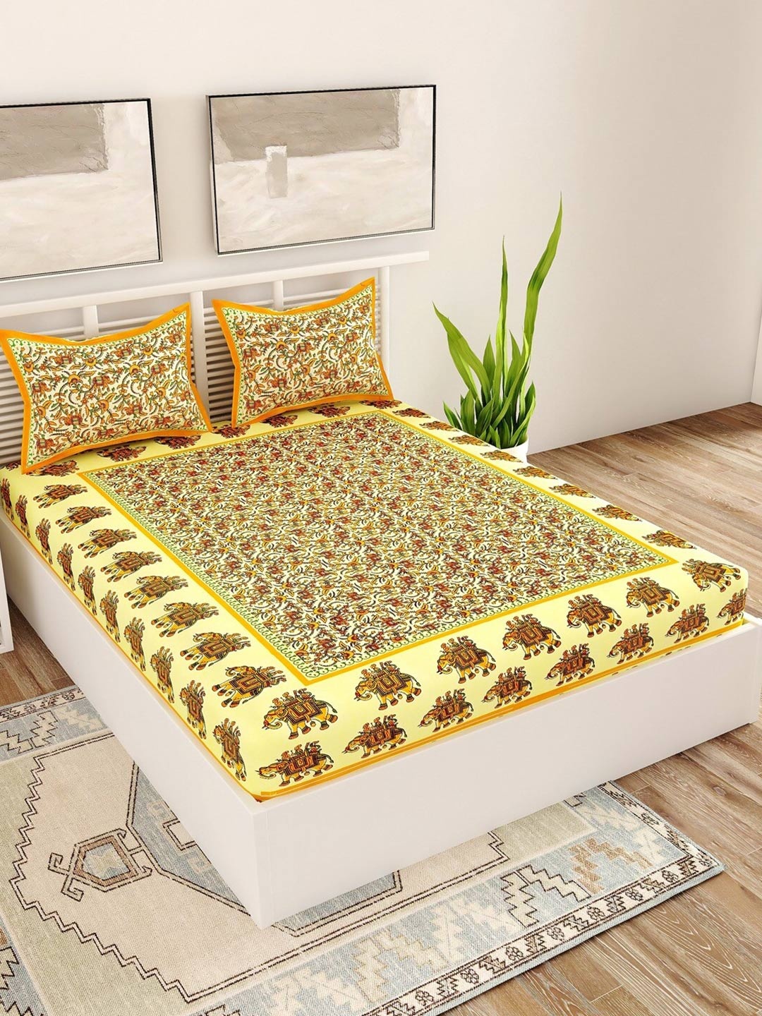 

UNIQCHOICE Yellow Ethnic Motifs Pure Cotton 120 TC Queen Bedsheet With 2 Pillow Covers