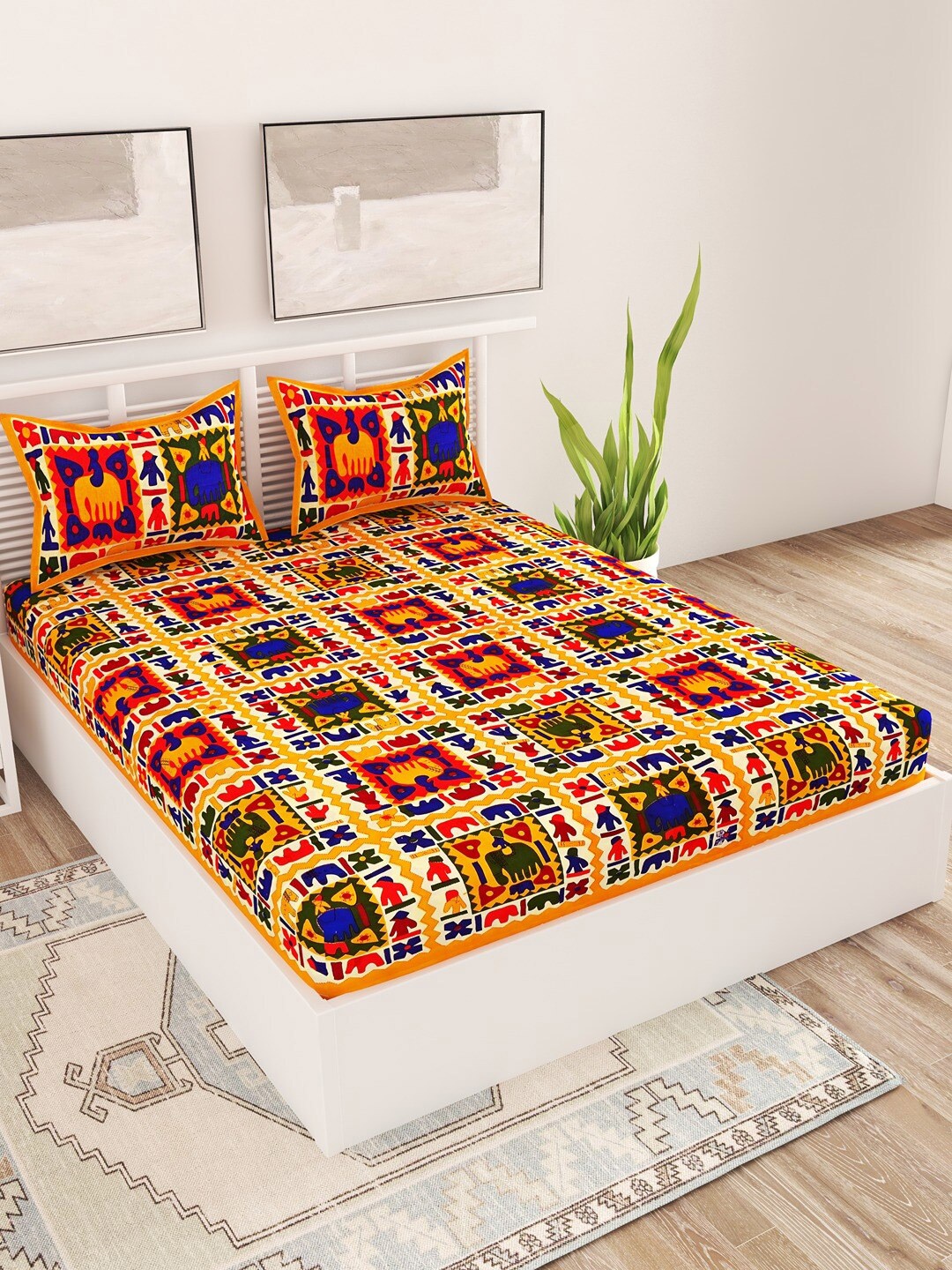 

UNIQCHOICE Yellow & Blue Ethnic Motifs 120 TC Queen Bedsheet with 2 Pillow Covers