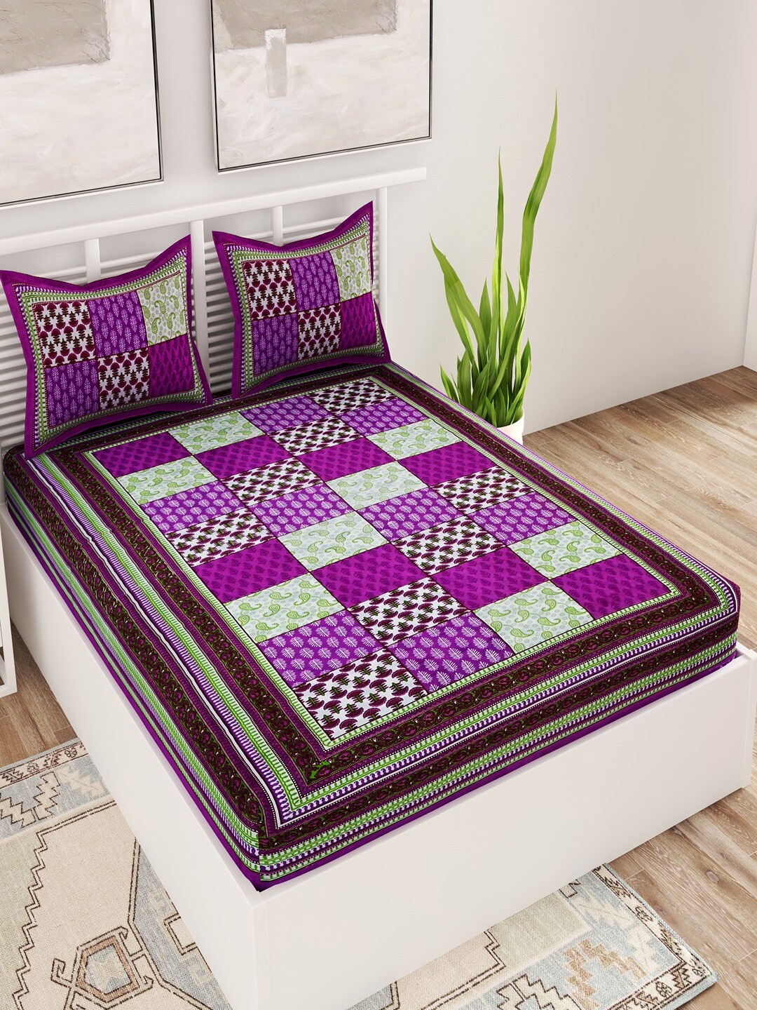 

UNIQCHOICE Purple & Green Ethnic Motifs 120 TC Queen Bedsheet with 2 Pillow Covers