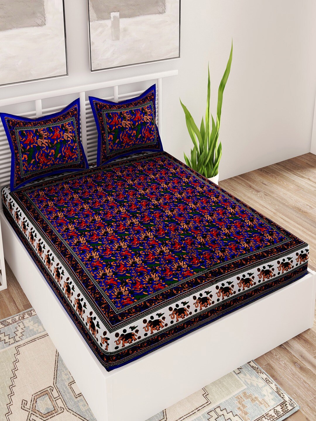 

UNIQCHOICE Blue & Orange Ethnic Motifs 120 TC Queen Bedsheet with 2 Pillow Covers
