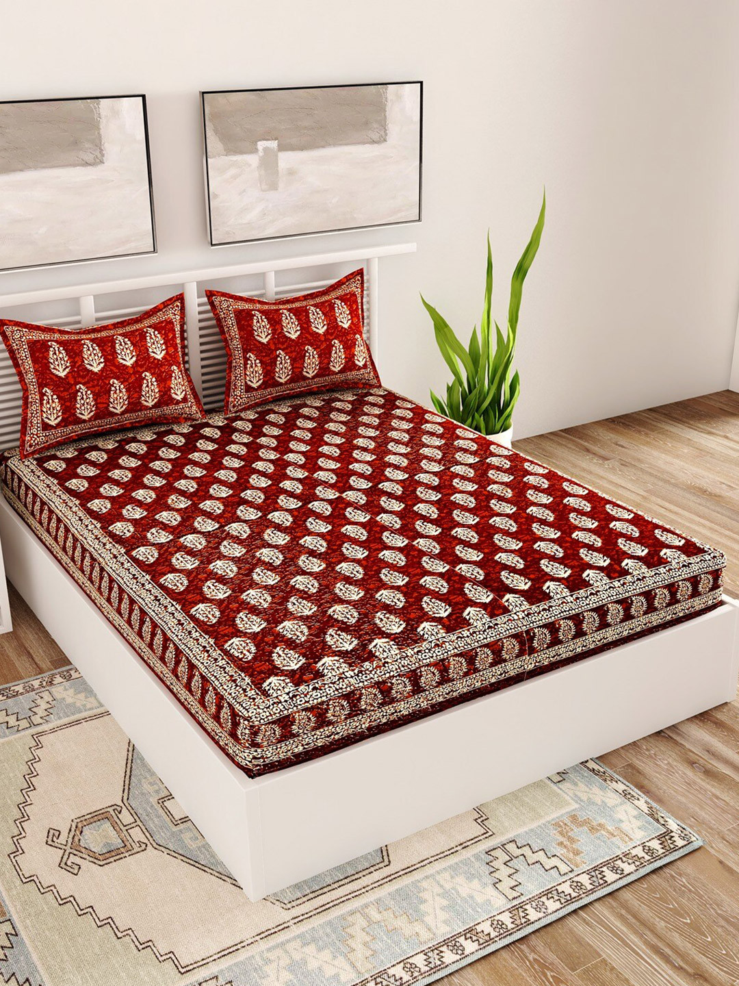 

UNIQCHOICE Maroon Ethnic Motifs Pure Cotton120 TC Queen Bedsheet with 2 Pillow Covers