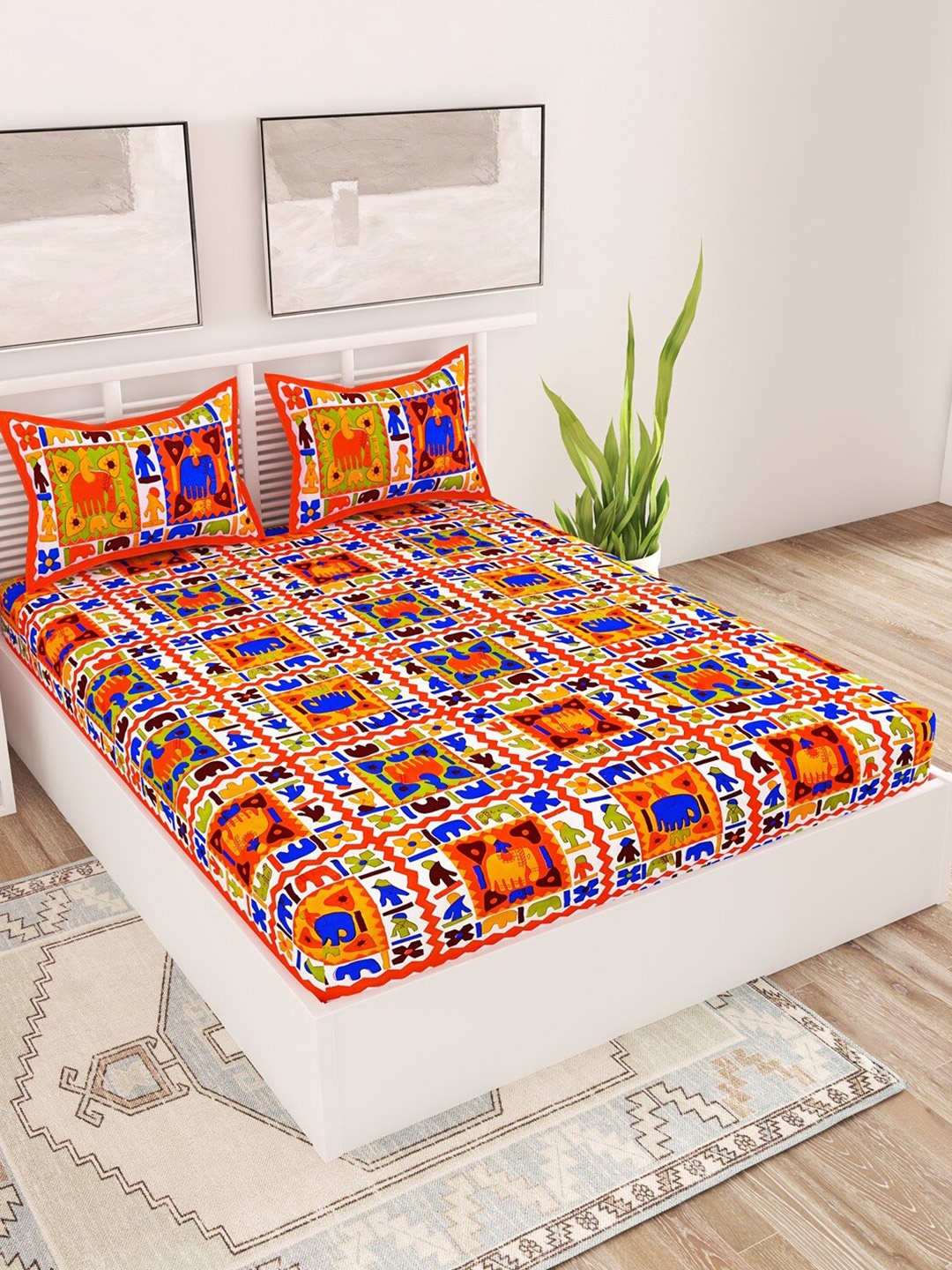 

UNIQCHOICE Orange & Green Ethnic Motifs Cotton 120 TC Queen Bedsheet With 2 Pillow Covers