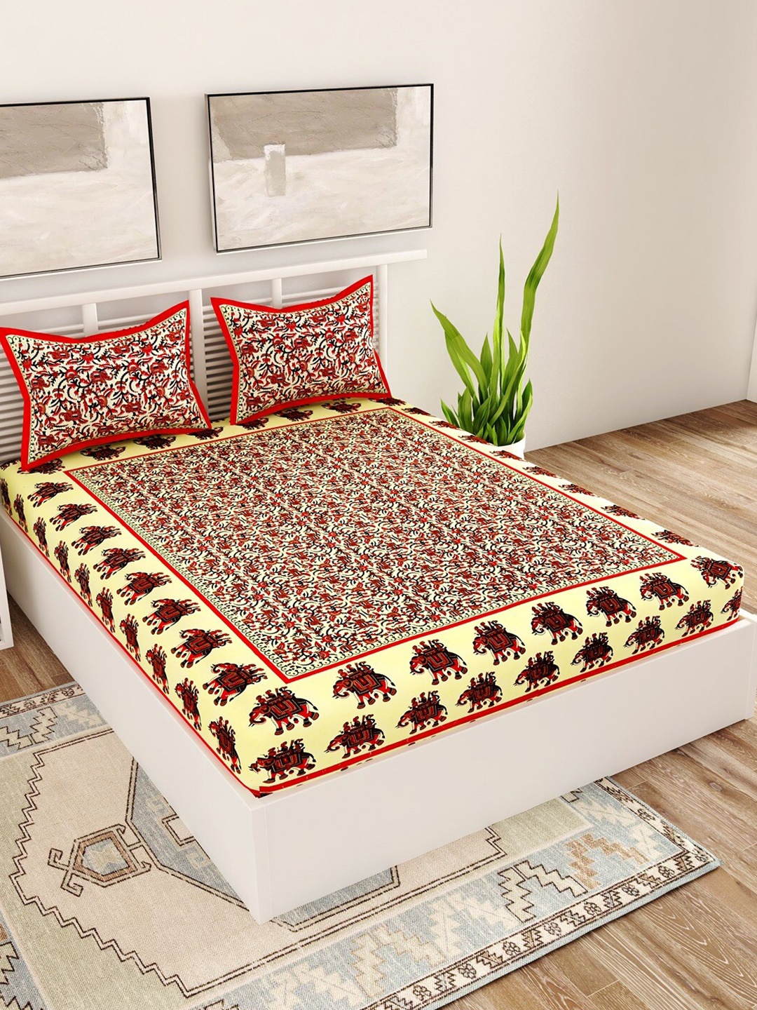 

UNIQCHOICE Red & Yellow Ethnic Motifs Pure Cotton 120 TC Queen Bedsheet & 2 Pillow Covers