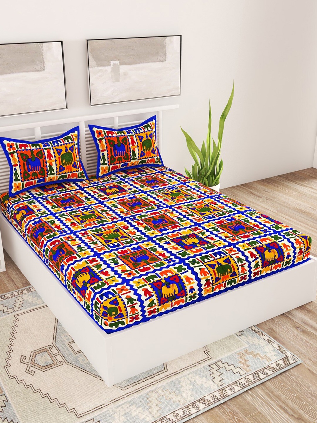 

UNIQCHOICE Blue Ethnic Motifs Pure Cotton 120 TC Queen Bedsheet with 2 Pillow Covers