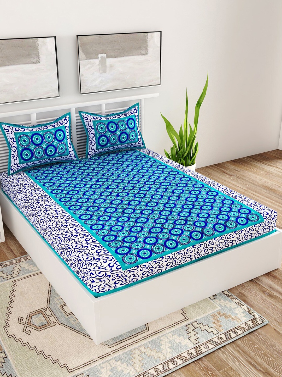 

UNIQCHOICE Sea Green Ethnic Motifs Cotton 120 TC Queen Bedsheet With 2 Pillow Covers