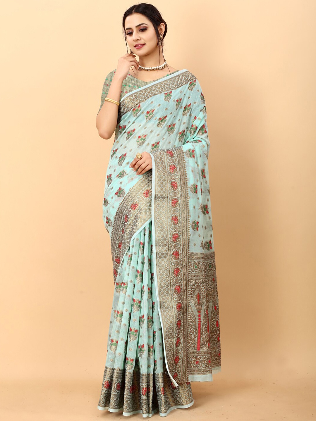 

JATRIQQ Woven Design Zari Silk Cotton Saree, Blue