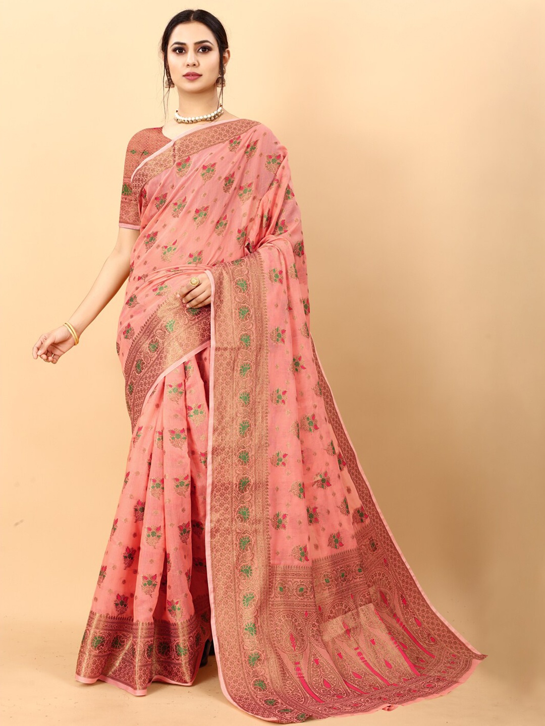 

JATRIQQ Woven Design Zari Silk Cotton Saree, Peach