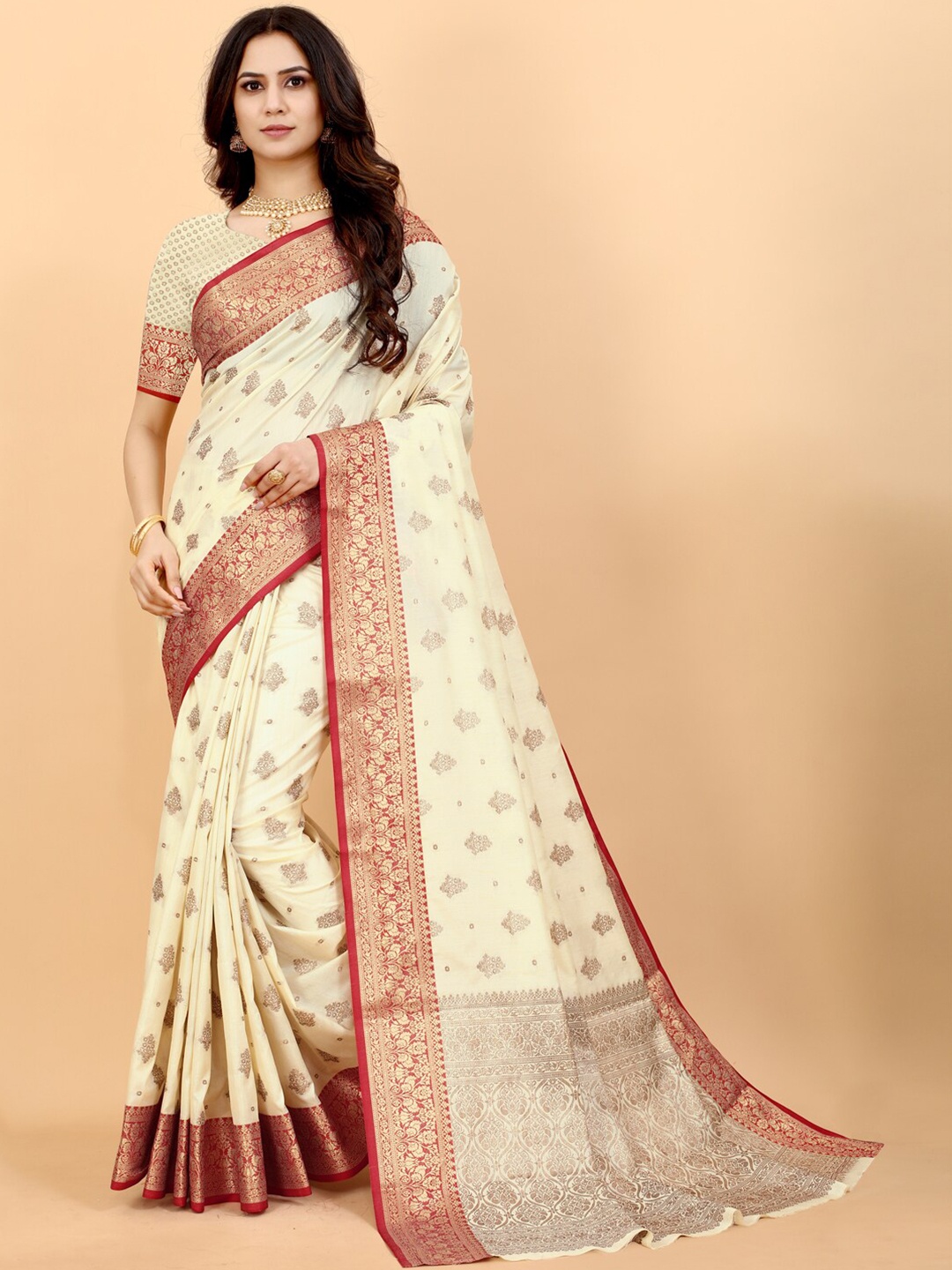 

JATRIQQ Woven Design Zari Art Silk Saree, Off white