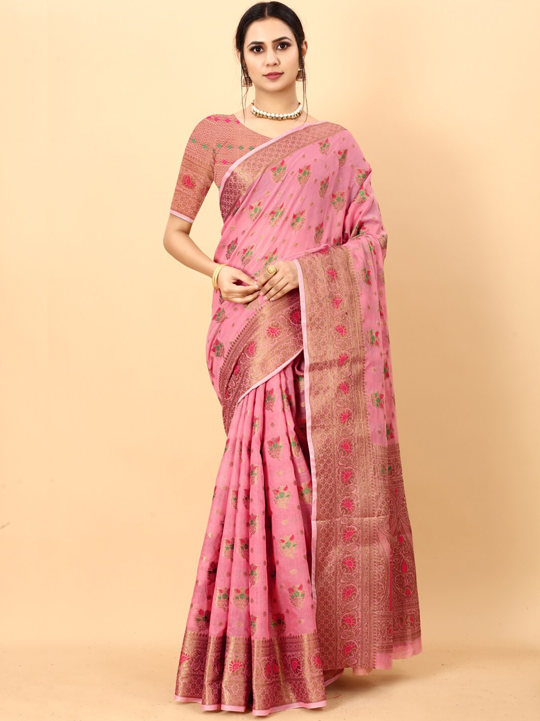 

JATRIQQ Woven Design Zari Silk Cotton Saree, Pink