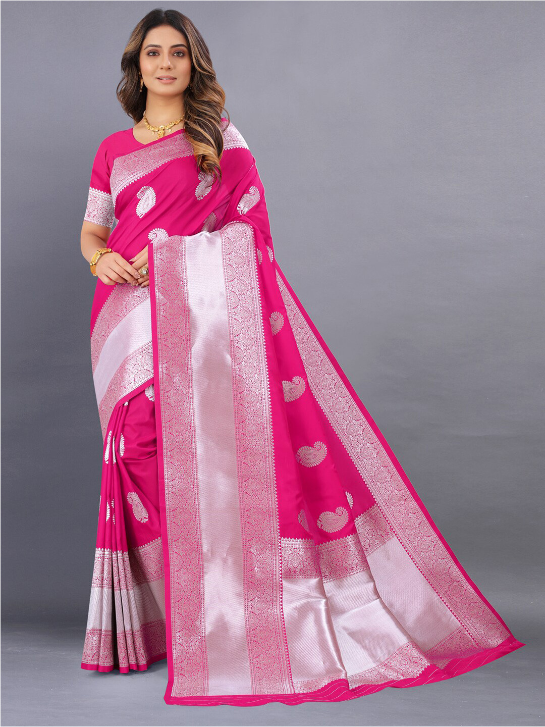 

JATRIQQ Woven Design Zari Art Silk Kanjeevaram Saree, Pink
