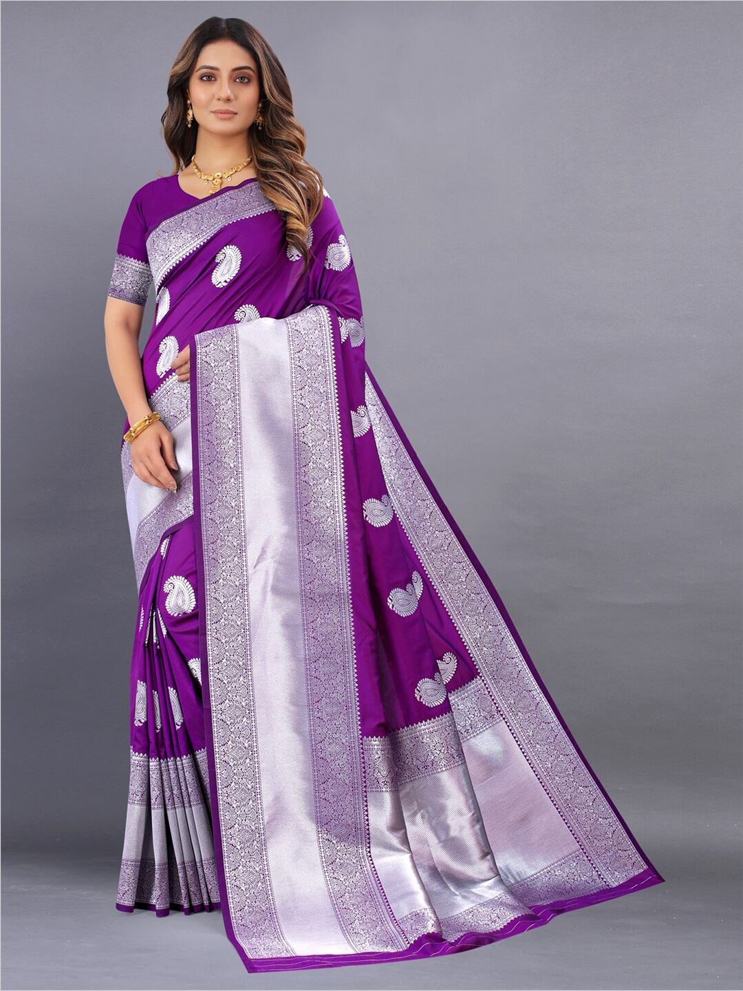 

JATRIQQ Woven Design Zari Art Silk Kanjeevaram Saree, Purple
