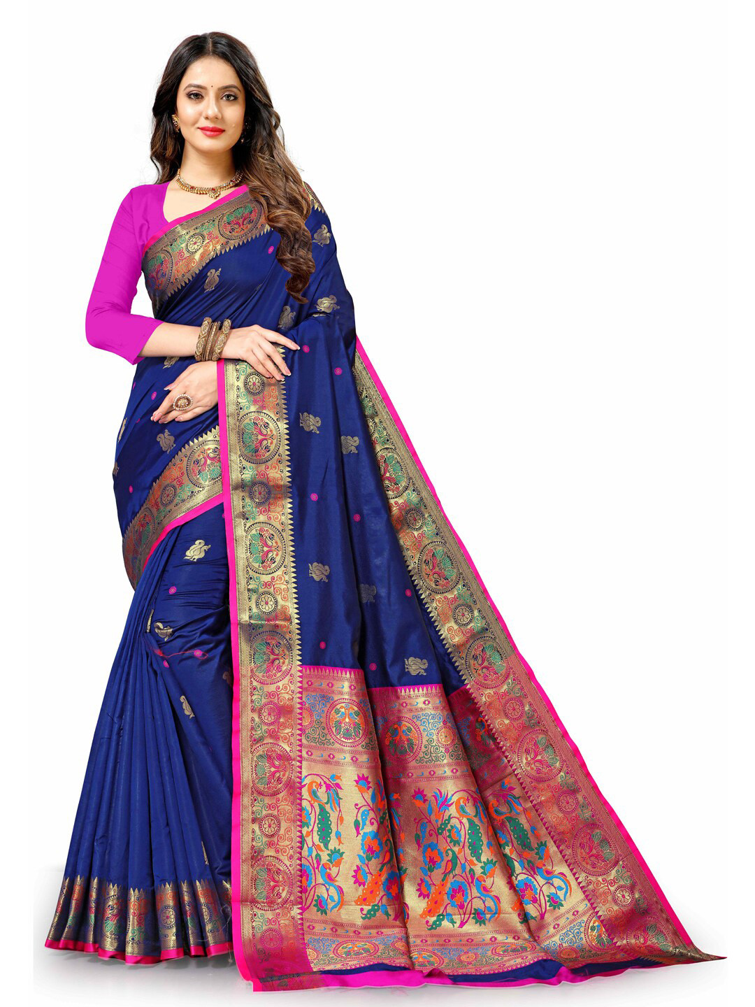 

JATRIQQ Woven Design Zari Art Silk Paithani Saree, Navy blue