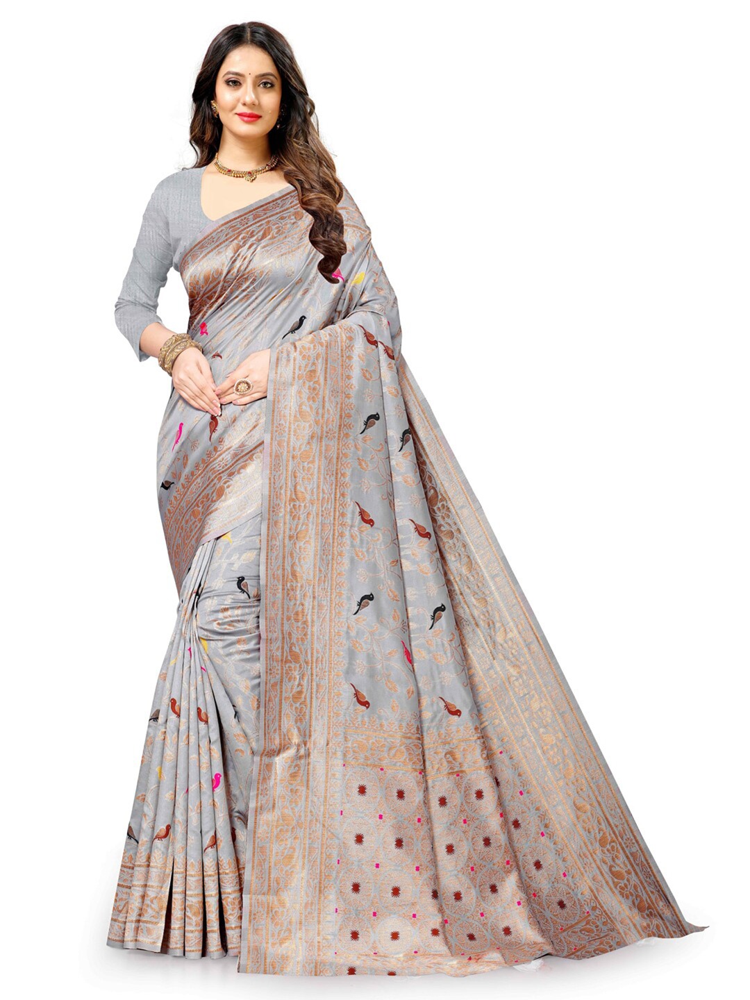 

JATRIQQ Woven Design Zari Art Silk Saree, Grey