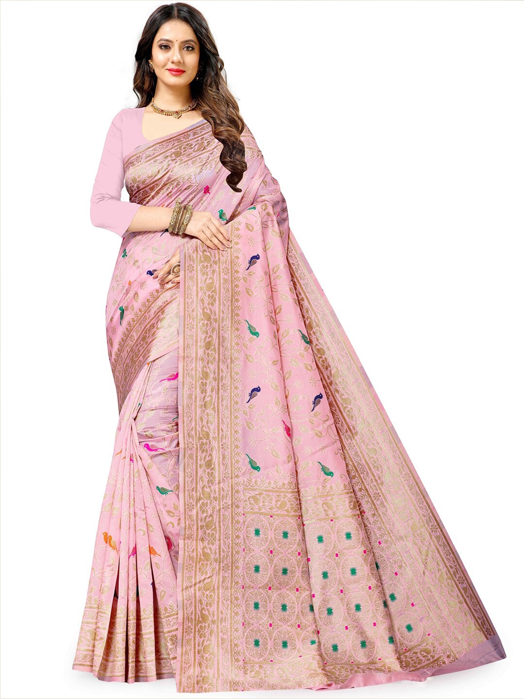 

JATRIQQ Woven Design Zari Art Silk Saree, Pink