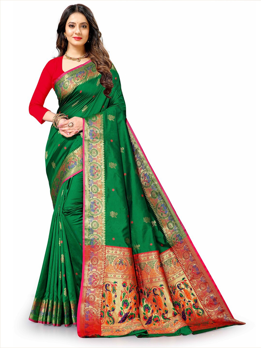 

JATRIQQ Woven Design Zari Art Silk Paithani Saree, Green