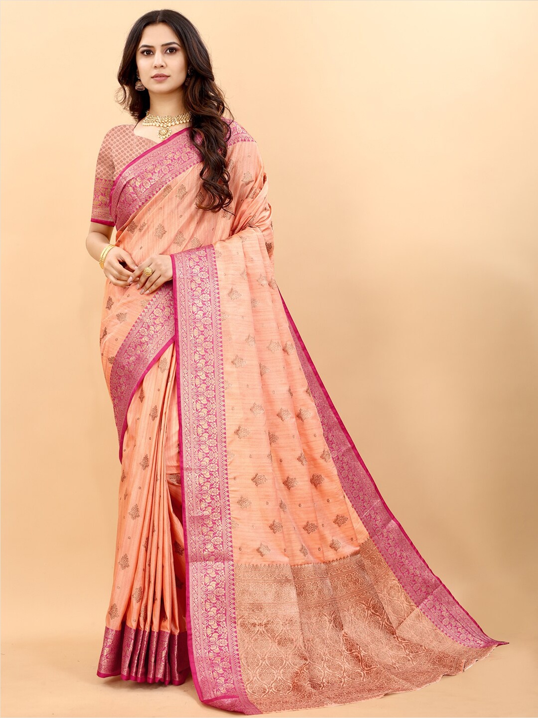 

JATRIQQ Woven Design Zari Art Silk Saree, Peach