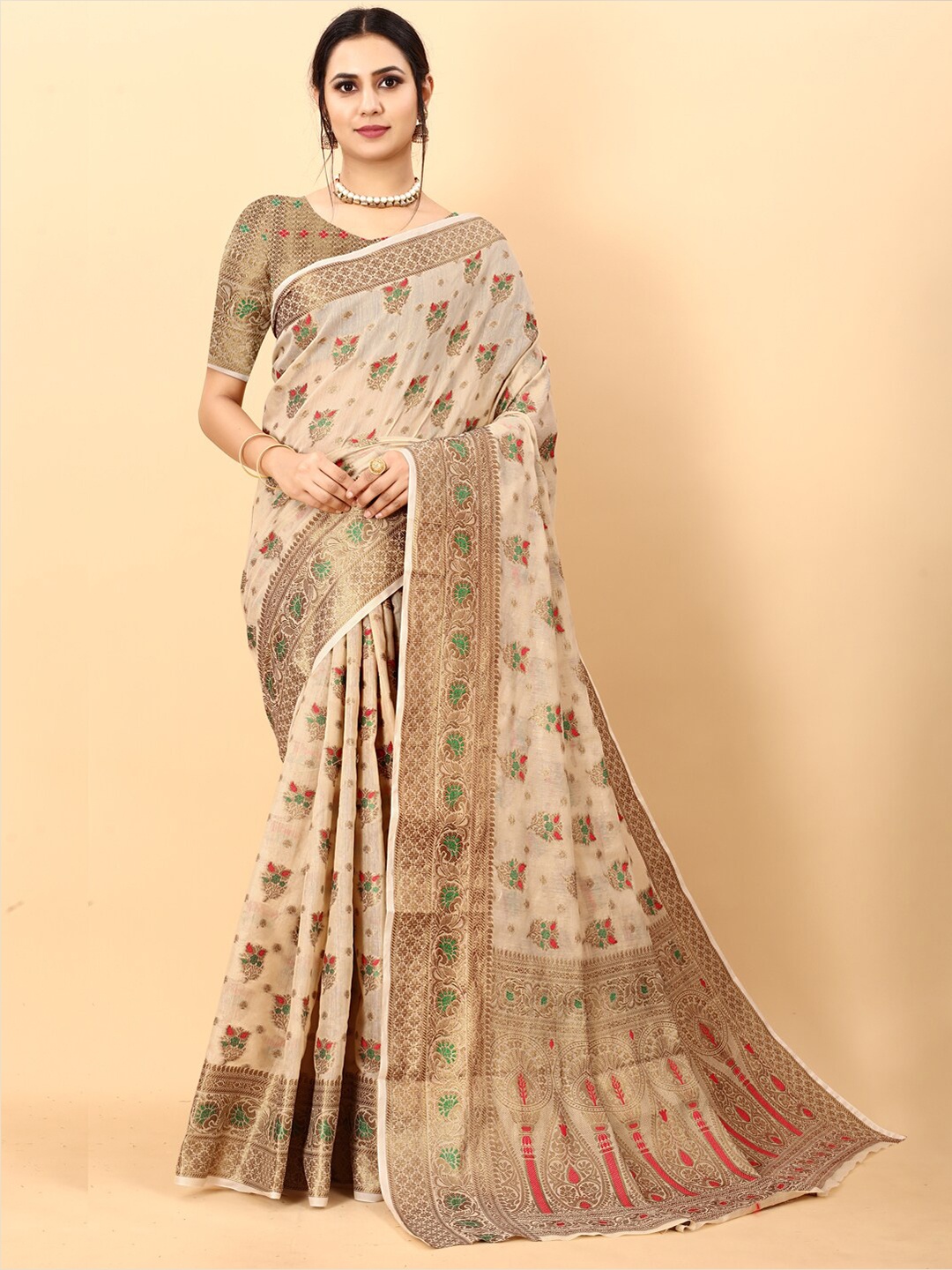 

JATRIQQ Woven Design Zari Silk Cotton Saree, Beige