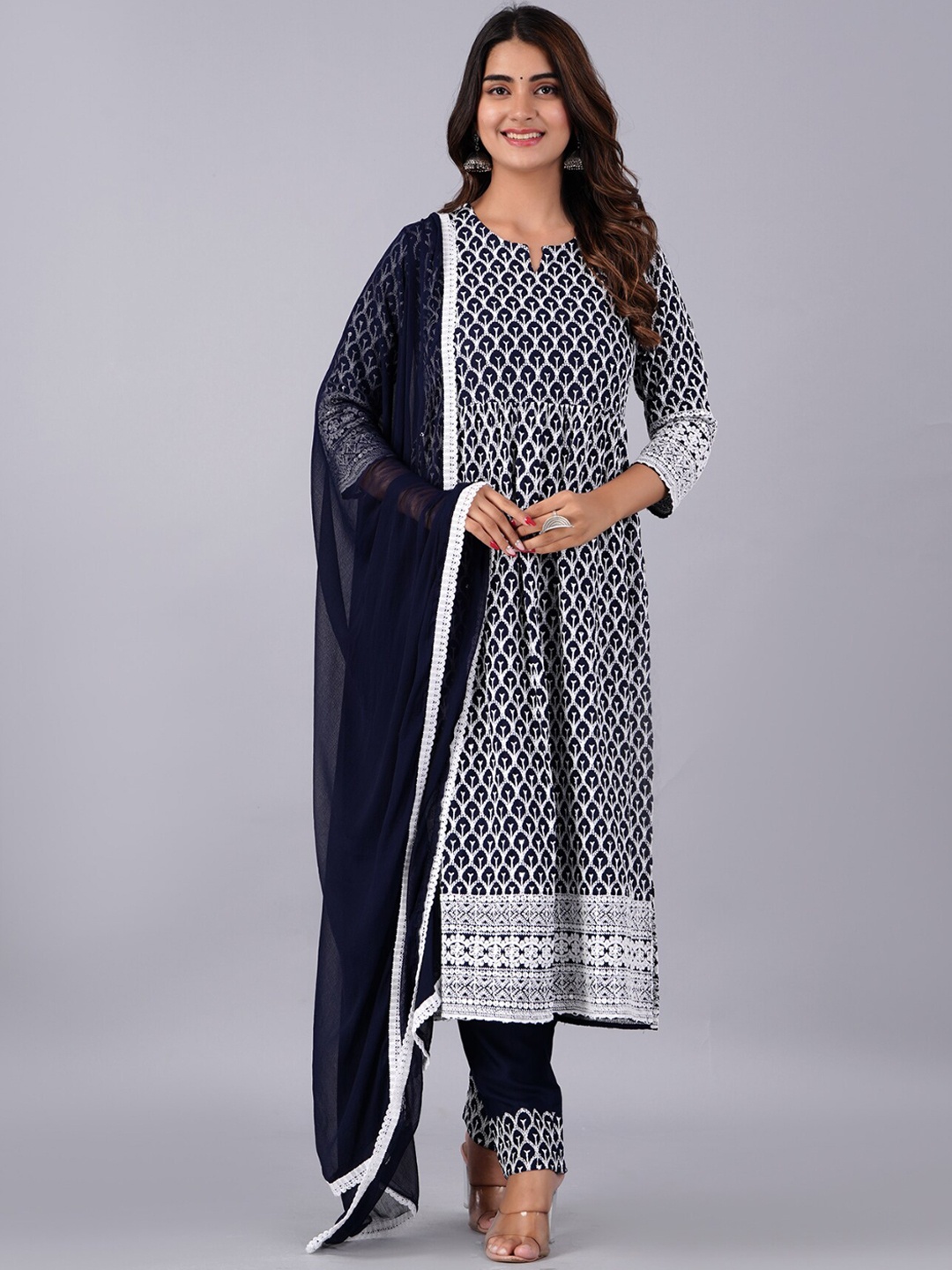 

Bachuu Ethnic Motifs Embroidered Chikankari A-Line Kurta With Trousers & Dupatta, Black