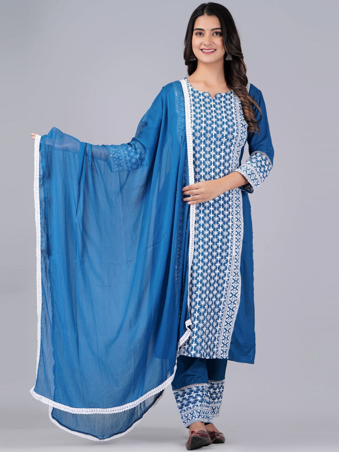 

Bachuu Floral Embroidered Chikankari Kurta With Trousers & Dupatta, Blue