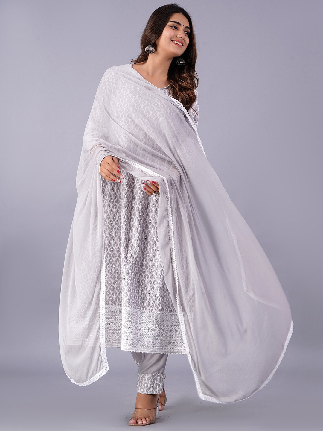 

Bachuu Ethnic Motifs Embroidered Chikankari A-Line Kurta With Trousers & Dupatta, Grey