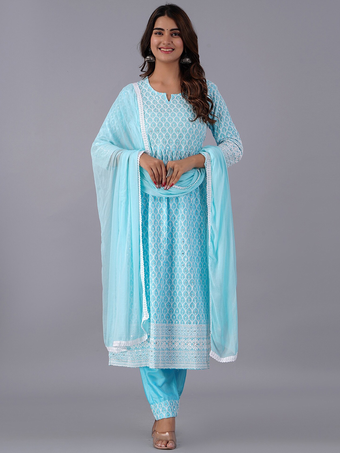 

Bachuu Ethnic Motifs Embroidered Chikankari A-Line Kurta With Trousers & Dupatta, Turquoise blue