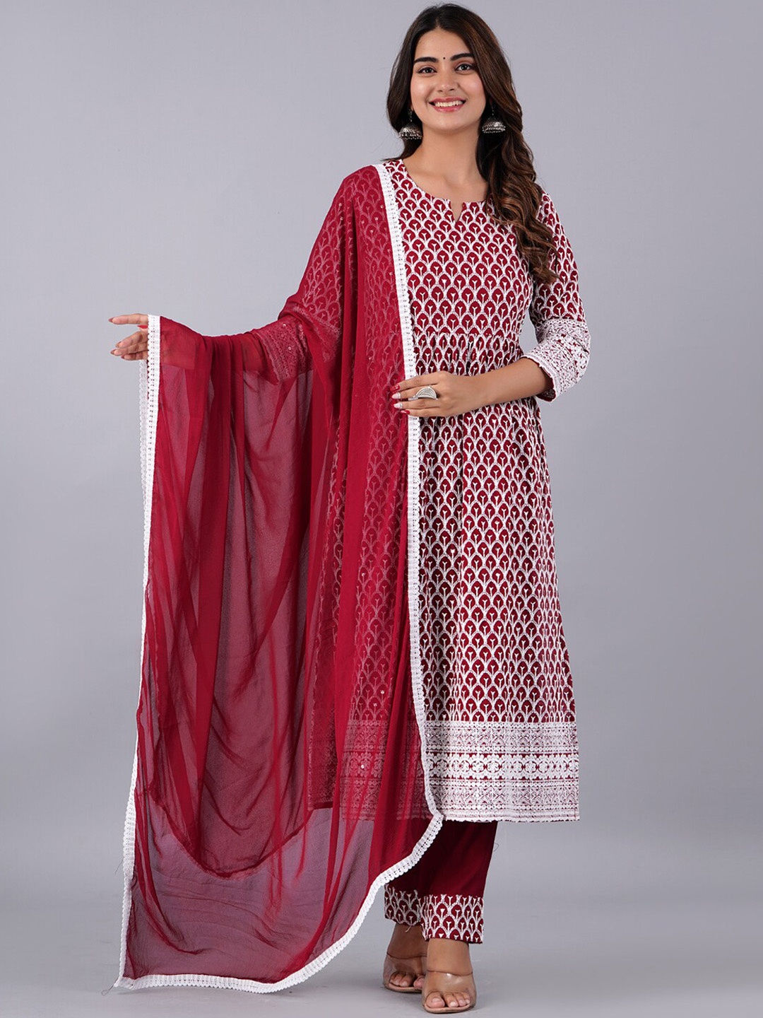 

Bachuu Ethnic Motifs Embroidered Chikankari A-Line Kurta With Trousers & Dupatta, Maroon