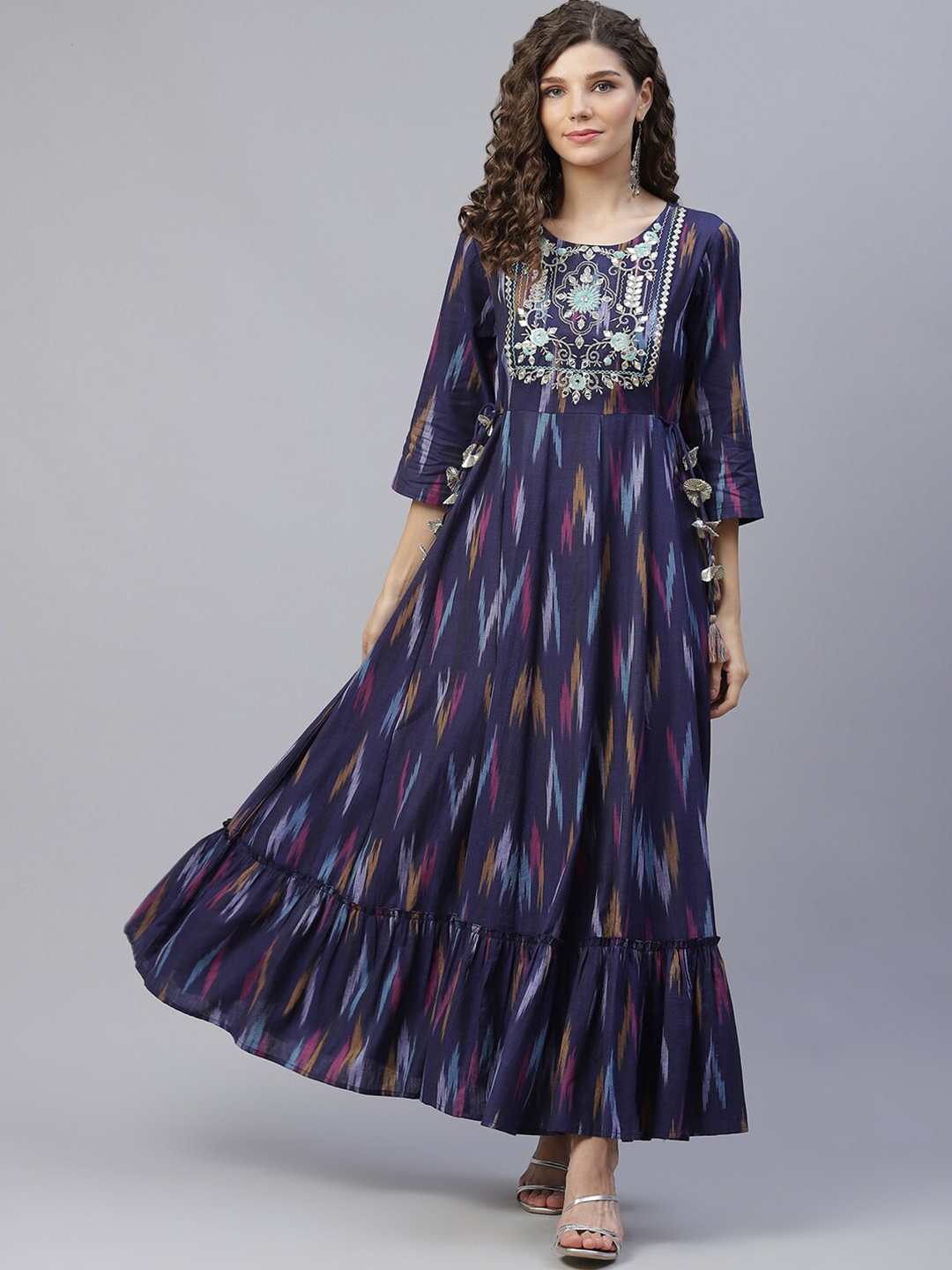 

AKS Couture Ethnic Motifs Printed Maxi Cotton Fit & Flare Ethnic Dress, Navy blue