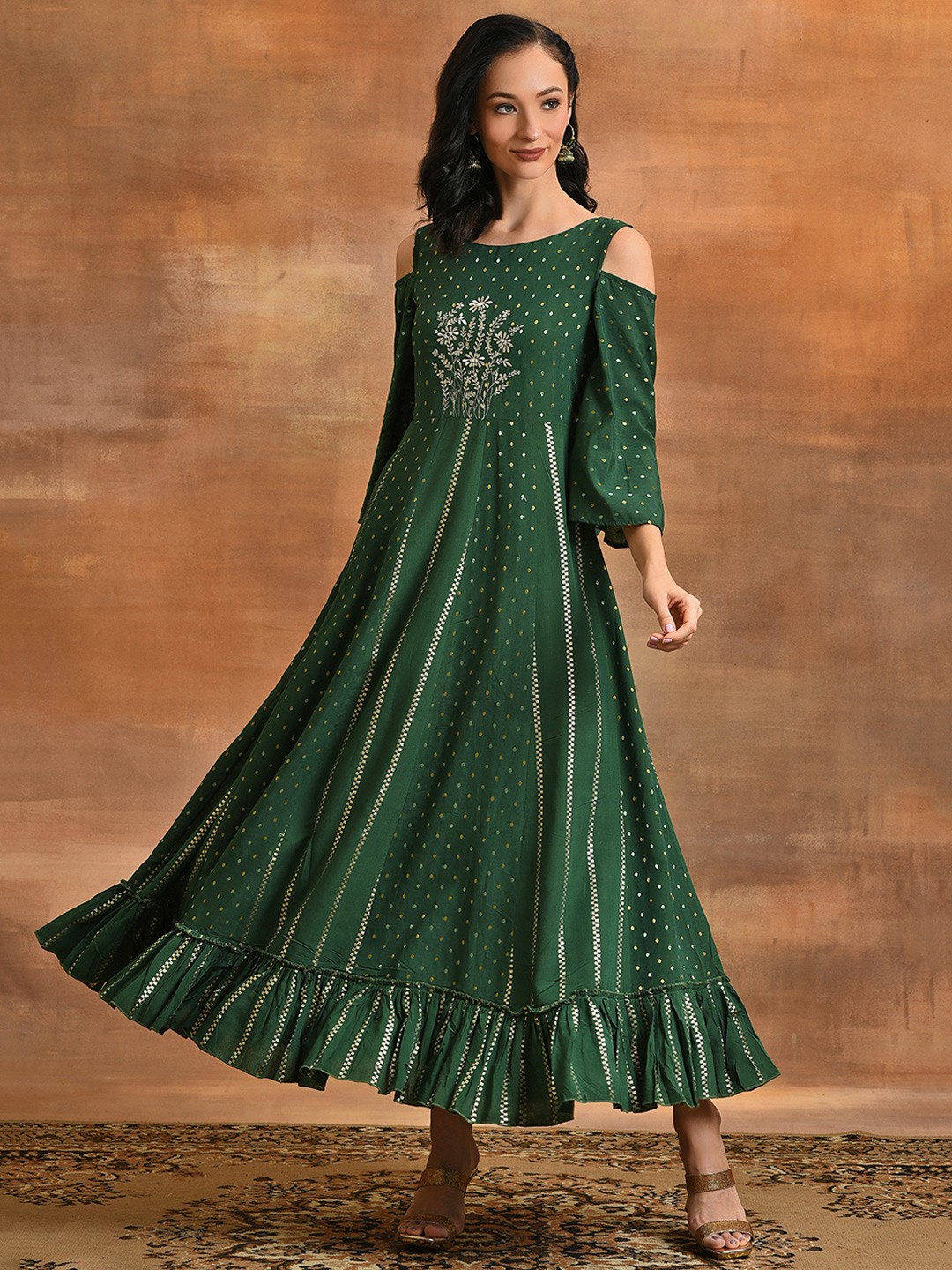 

AKS Couture Ethnic Motifs Woven Design Cold-Shoulder Silk Fit and Flare Ethnic Dress, Green