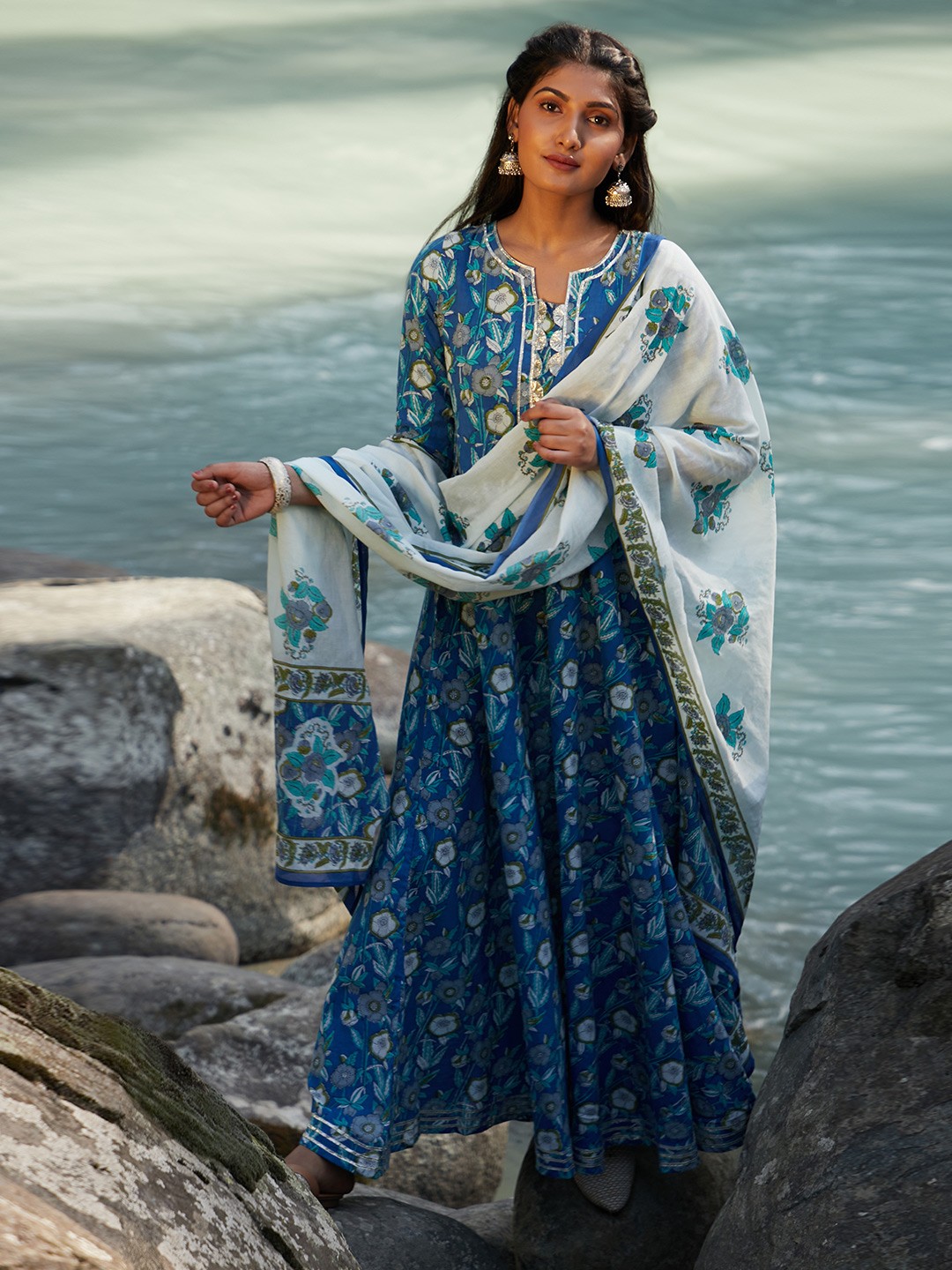 

AKS Couture Floral Printed Cotton Maxi Fit & Flare Ethnic Dress With Dupatta, Blue