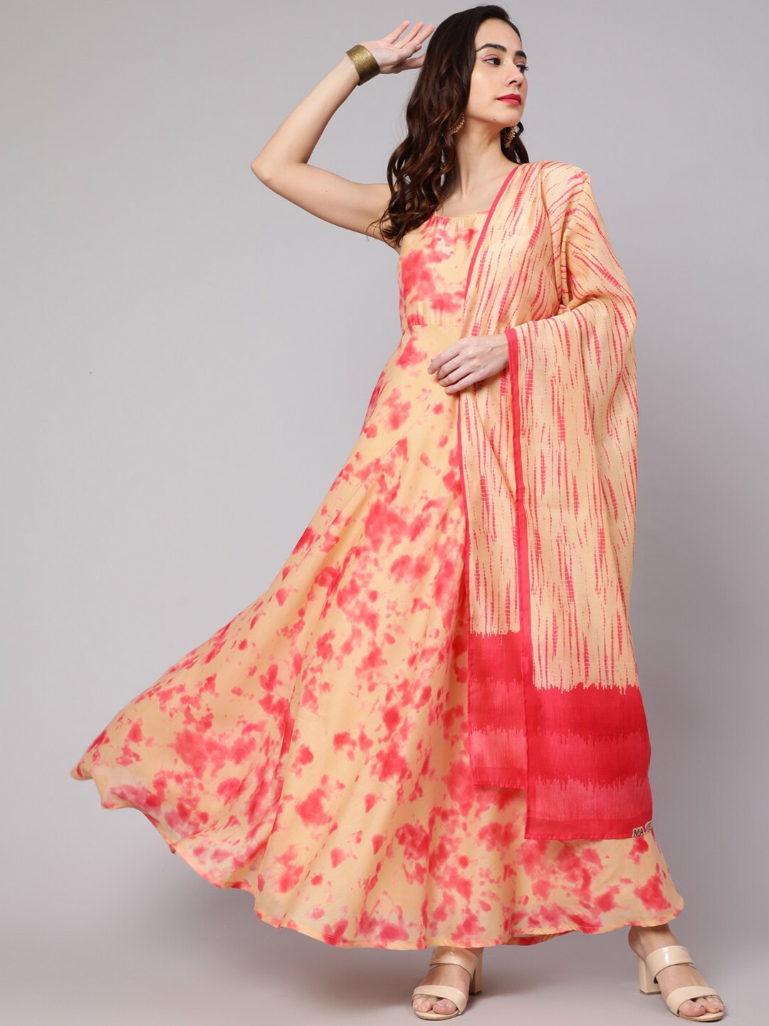 

AKS Couture Tie & Dyed Silk Maxi Fit & Flare Ethnic Dress With Dupatta, Peach