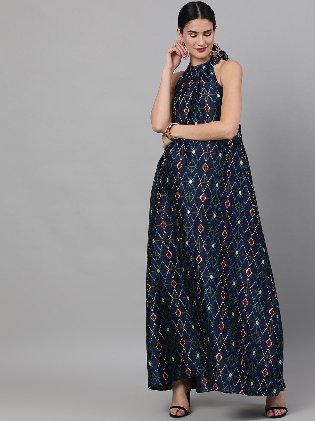 

AKS Couture Ethnic Motif Printed Halter Neck Maxi A-Line Ethnic Dress, Navy blue
