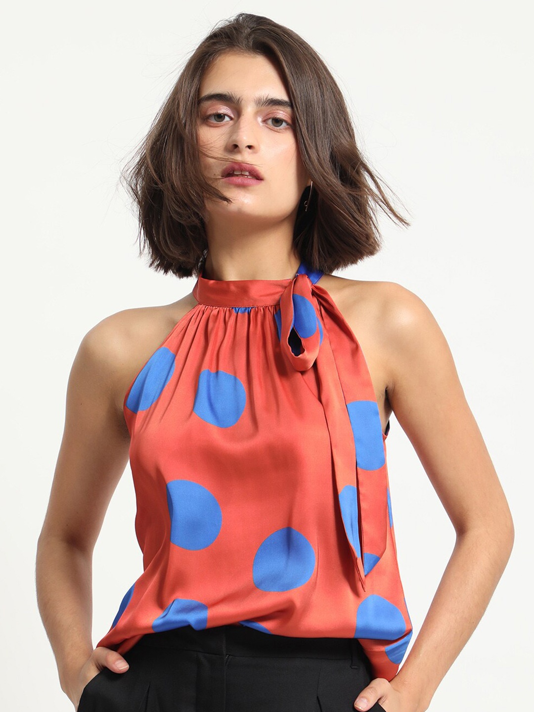 

RAREISM Polka Printed Satin Halter Neck A-Line Top, Orange