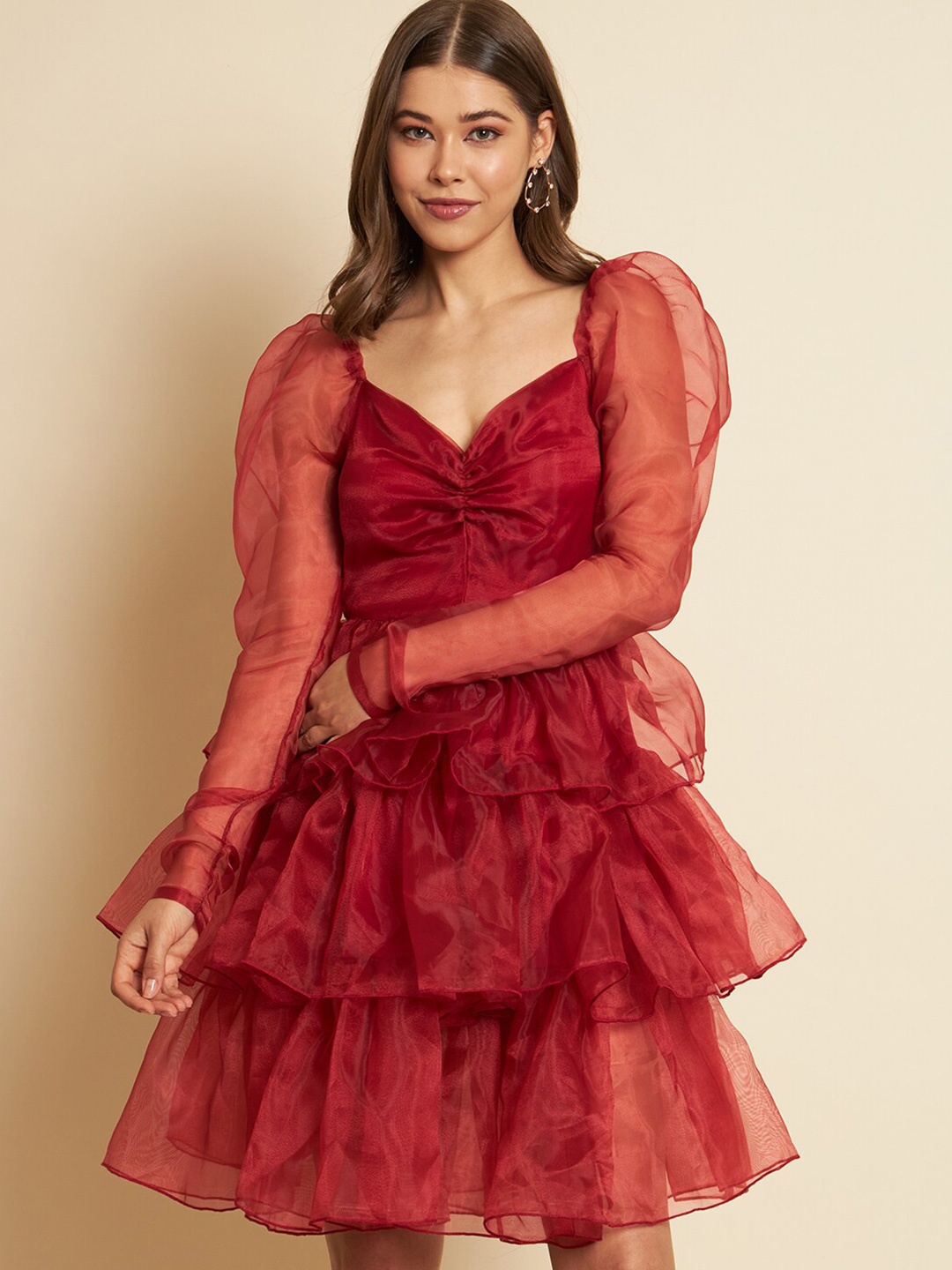 

BAESD Sweetheart Neck Puff Sleeve Layered Fit & Flare Dress, Maroon