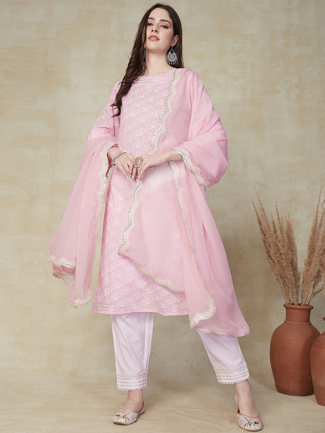 

FASHOR Pink Floral Printed Pure Cotton Kurta & Trousers With Dupatta