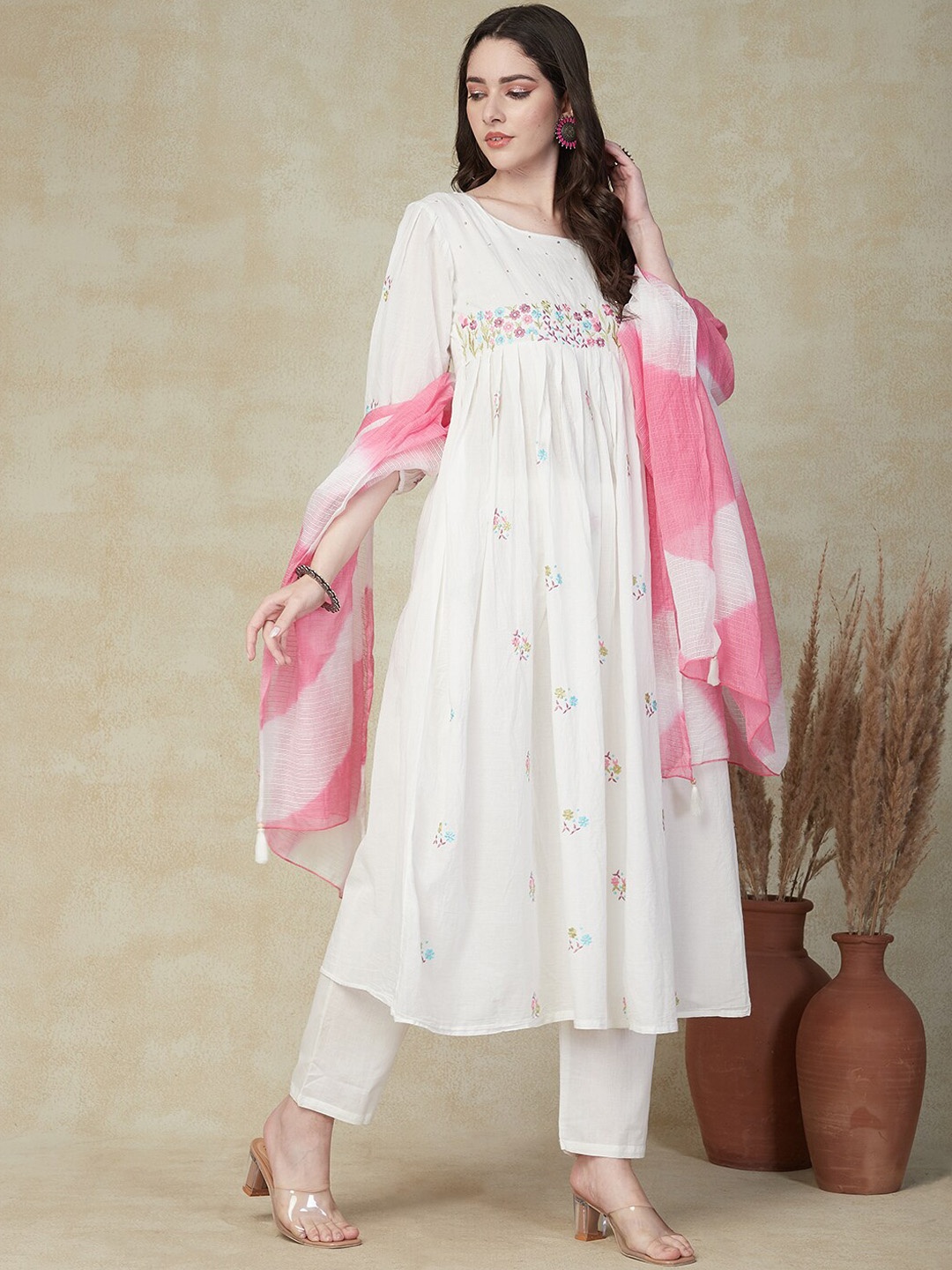 

FASHOR White Floral Embroidered Sequinned Pure Cotton Kurta & Trousers With Dupatta