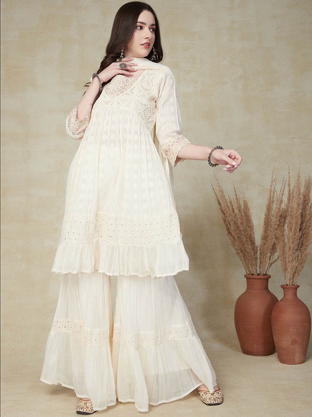 

FASHOR Off White Self Design Thread Work Pure Cotton Kurta & Sharara With Dupatta